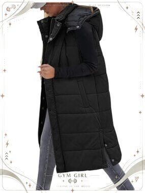Womens Long Puffer Vest Sleeveless Hooded Zip Up Quilted Thermal Winter Coat